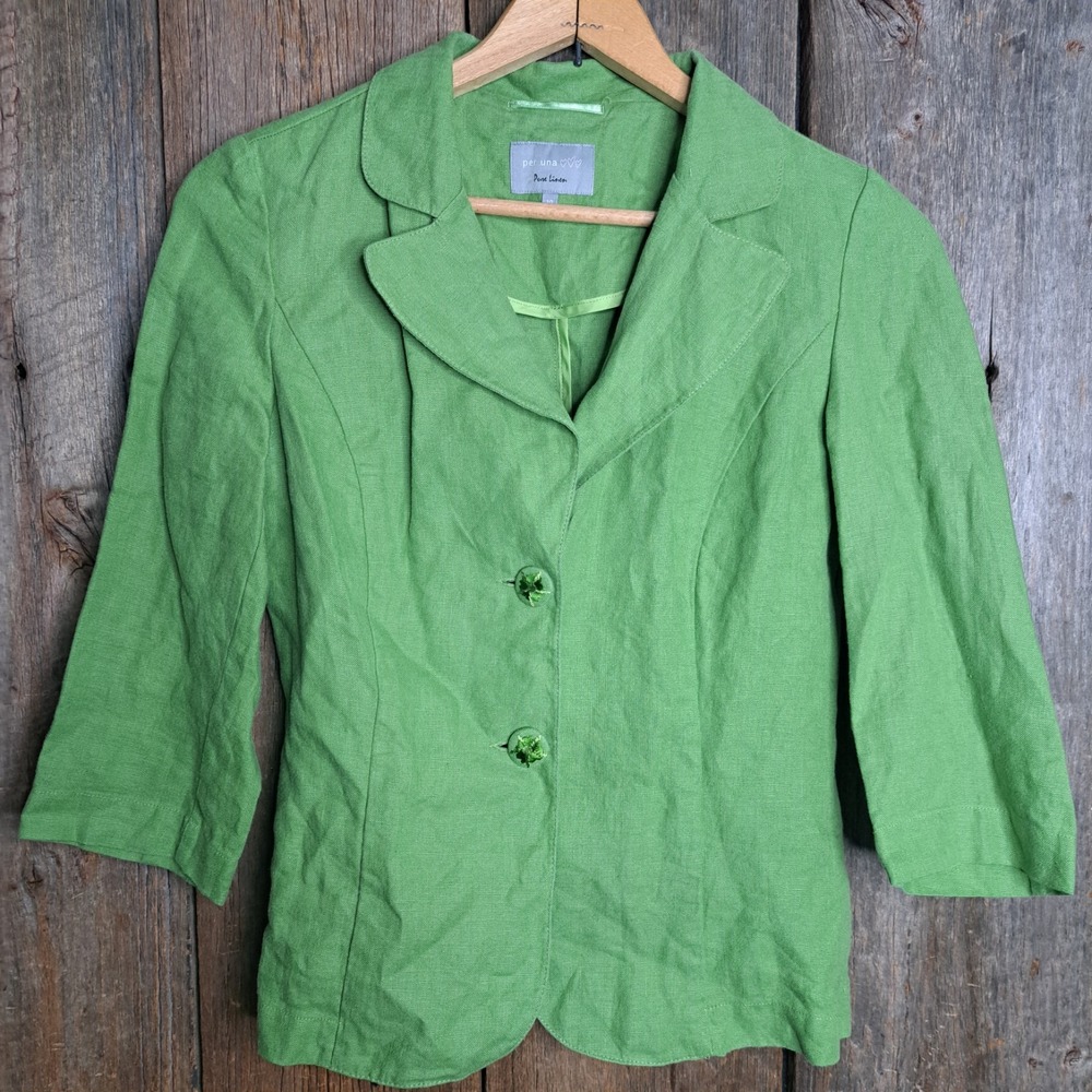 Cottagecore Coastal Grandmother Embroidered Per Una 100% Linen Blazer Green W 10